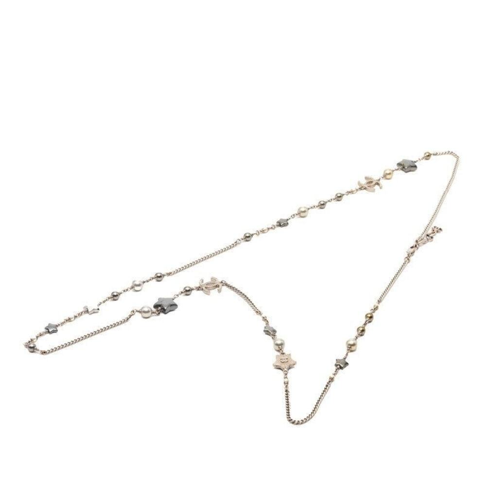 Chanel CC Logo Star Metal Faux Pearl Long Necklace Silver